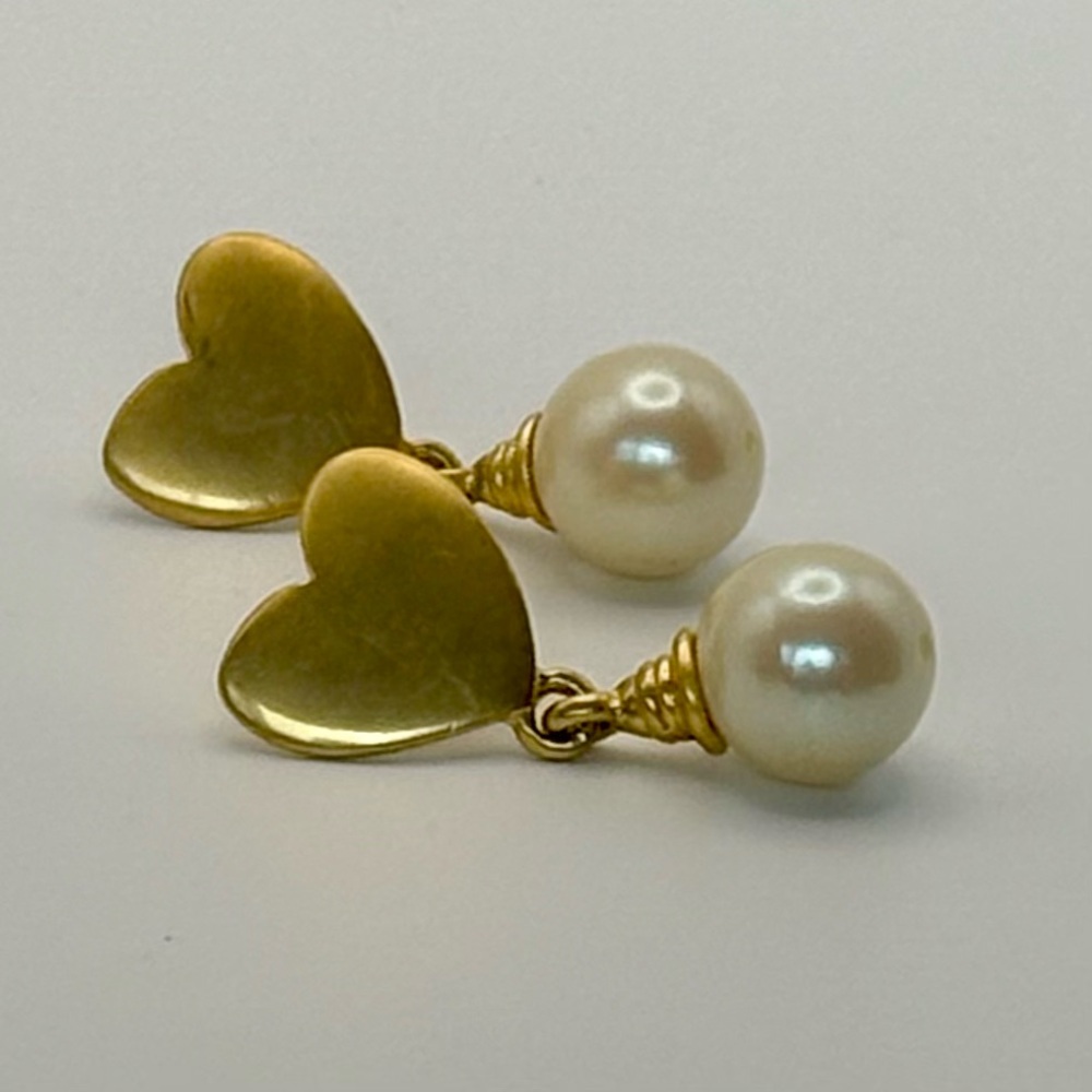 Gold Heart Earrings with Pearl Drops